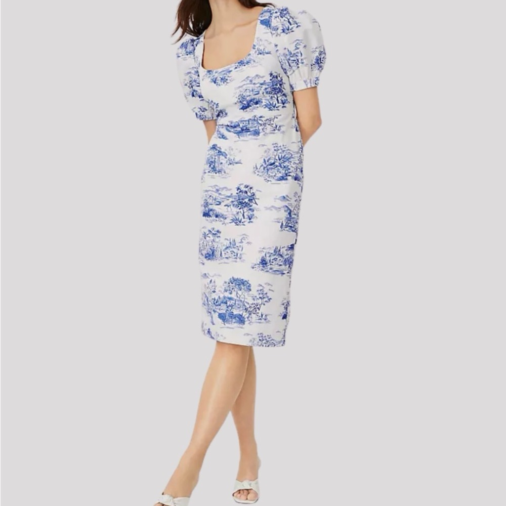 Ann Taylor White and Blue Scenic Midi Dress